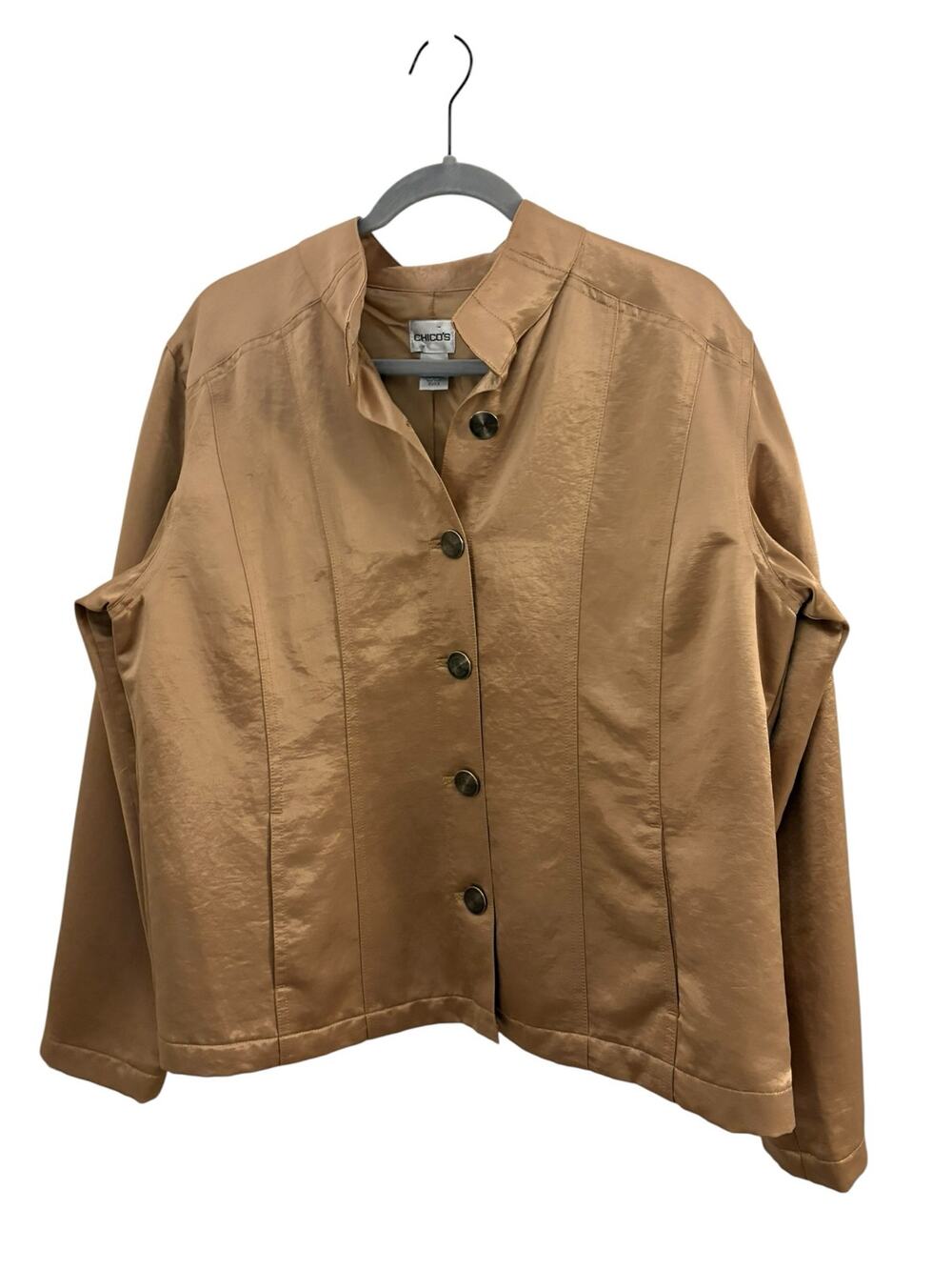 Chicos Sateen Jacket Woman’s 3/XL Gold Metal Buttons Metallic Gold Fabric